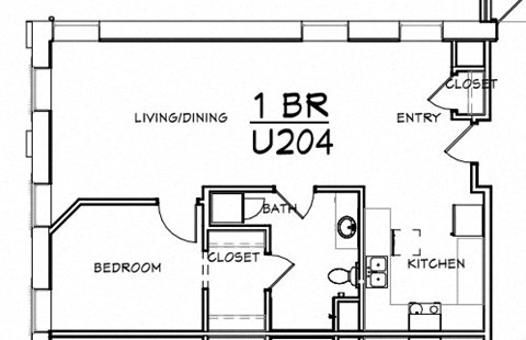 Floor plan for 1 bed, 1 bath, 770 sqft